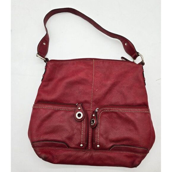 Red Leather Tignanello Shoulder Bag With Front Pockets & Adjustable Strap - Picture 2 of 7